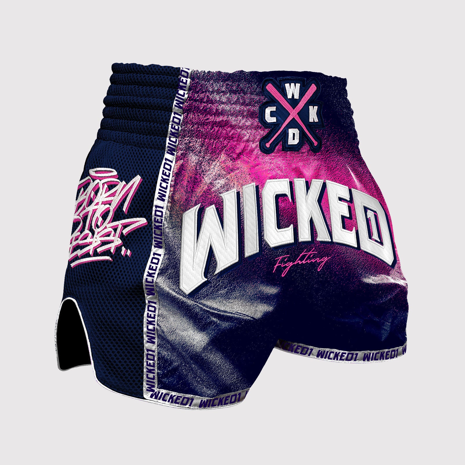 White Pink And Navy Chevron Print Muay Thai Boxing Shorts