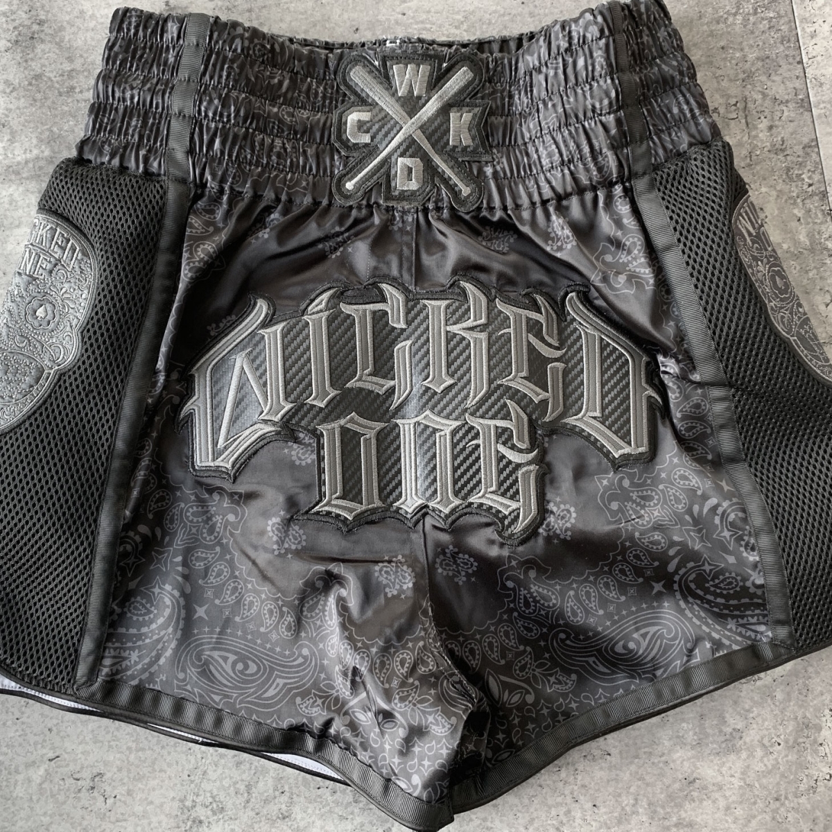 Wicked One Muay Thai Shorts O.G Black Thai Boxing Short Traditional Thai Boxing Pants for Men with Air-Flow Fabric 